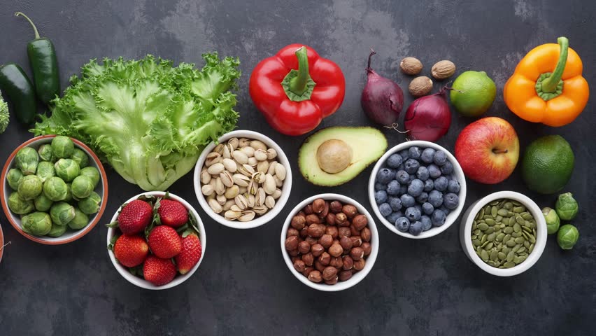 Healthy eating ingredients: fresh vegetables, fruits and superfood. Nutrition, diet, vegan food concept.