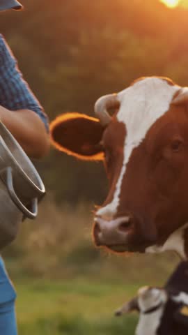 Cow milk fresh. close-up. Farmer is pouring fresh milk into can on green meadow, at sunset, with cows on backdrop. milking. dairy farm. Dairy products. Farming