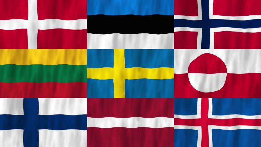 Baltic and Nordic flags country animation 3D symbol waving in wind movement national patriotism world culture emblem banner republic Denmark Estonia Sweden Latvia Lithuania Iceland Finland Norway