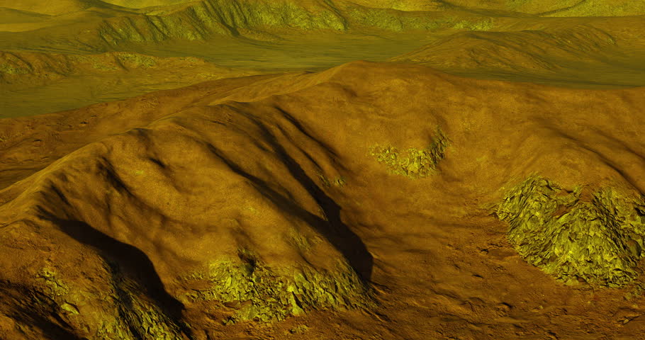 A rocky, textured surface of Venus displays undulating hills and yellowish tones beneath thick clouds, presenting a unique extraterrestrial landscape that intrigues scientists.