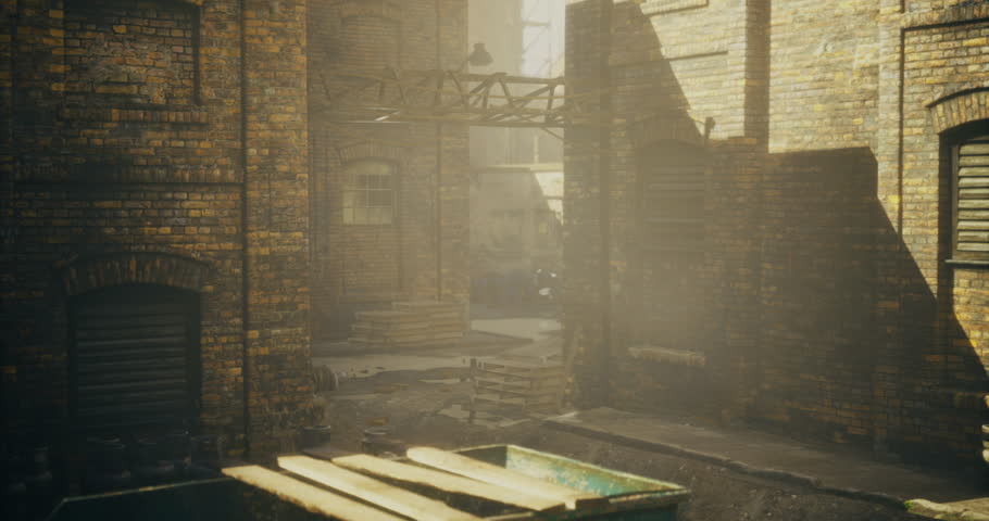 Foggy urban alleyway featuring old brick buildings, wooden pallets, and soft sunlight illuminating the scene. The atmosphere feels gritty and nostalgic, hinting at past activities.