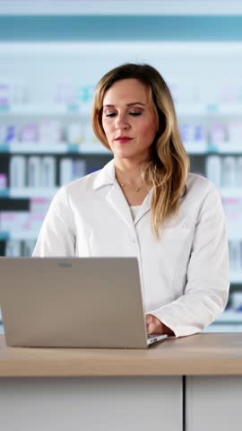Cashier At Pharmacy Store Counter. Medical Store Pharmacist