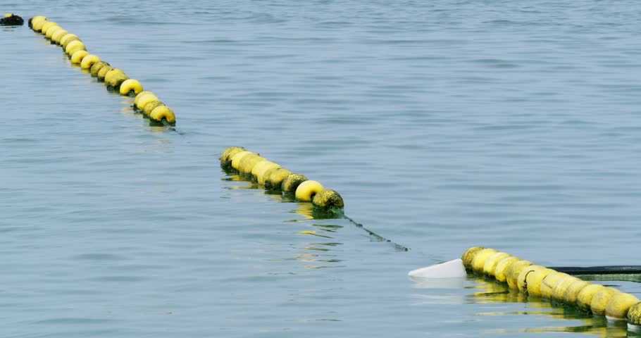 A serene image of floating buoys creating a line in calm water showcasing nature's tranquility in a coastal area.