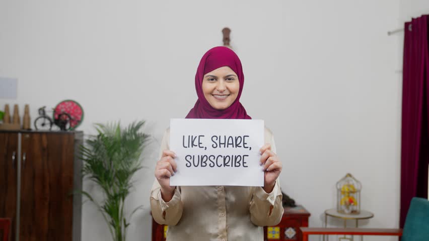 Muslim Woman in Hijab Scarf standing with Like, Share, Subscribe Poster
