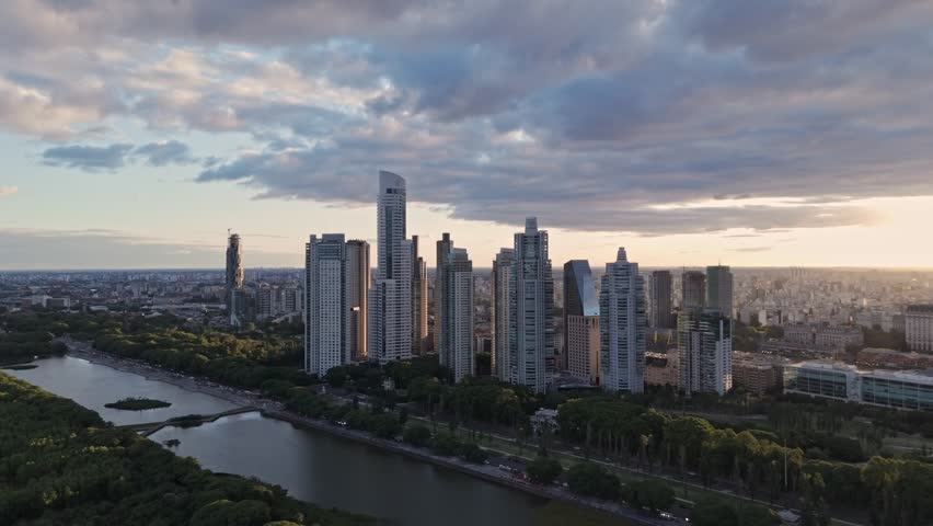 Aerial drone view from Puerto Madero with a view of the buildings and docks at sunset in the city of Buenos Aires, Argentina. Architecture and Tourism in the city.