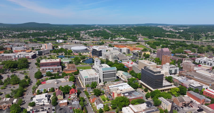 Old historic city architecture in Southern USA. View from above of streets and buildings of Huntsville, Alabama.
