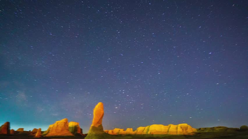Explore the breathtaking night sky at Devil City Galaxy featuring stunning rock formations and the Milky Way