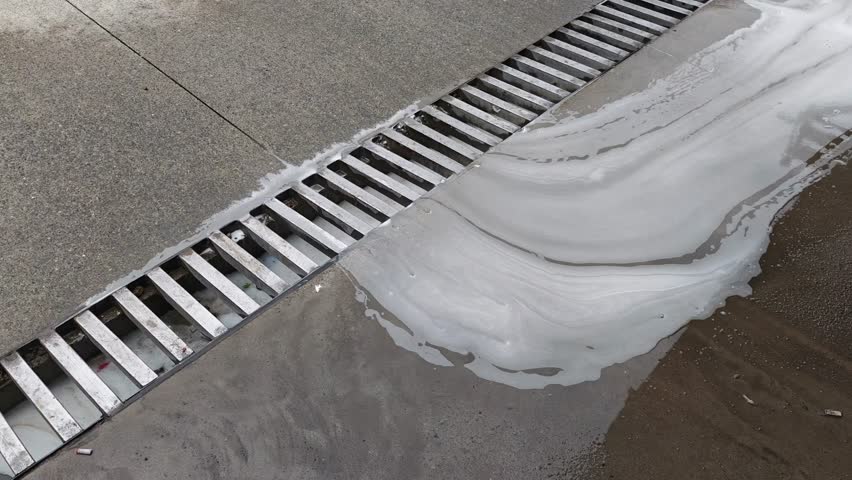 White foam flows on concrete next to a metal grate drain