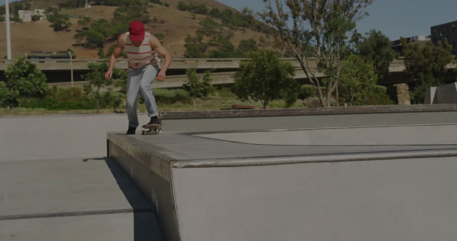 skateboarder crouching on ledge, preparing grind trick in tech scene with purple halftone patterns. Urban, activity, energetic, modern, dynamic, lifestyle, streetwear