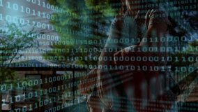 woman holding red jacket sitting on campus lawn, showing digital technology binary code overlay. Technology, innovation, outdoors, contemplative, modern, professional, nature - Powered by Shutterstock - Get 15% off with code: PIKWIZARD15