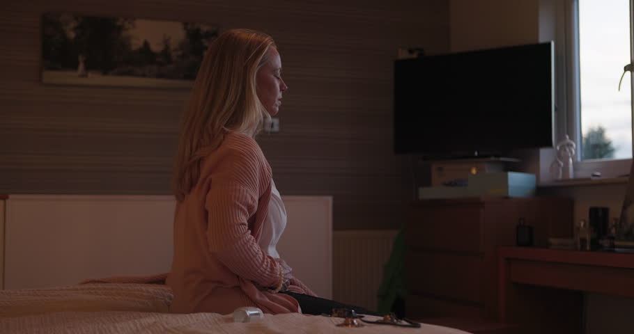 Breathing, relax and woman with hands on stomach for stress free meditation exercise in morning. Peaceful, breathe and mature female person from Canada with body balance and calm at modern apartment.