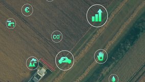 Combine harvester being animated cutting crops into strips leaving stubble, floating eco icons. Agribusiness, sustainable farming, precision agriculture, environmental impact, digital farming, eco - Powered by Shutterstock - Get 15% off with code: PIKWIZARD15