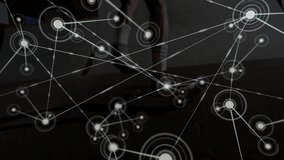 Skateboarder sliding down concrete ramp while digital tech network overlay connecting data nodes. Urban, sport, motion, dynamic, modern, circuitry, technology - Powered by Shutterstock - Get 15% off with code: PIKWIZARD15