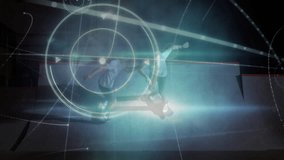 Two skateboarders riding halfpipe under bluish spotlight, adding dynamic tech light streaks. Urban, adrenaline, neon, dynamic, motion, youthful, gritty - Powered by Shutterstock - Get 15% off with code: PIKWIZARD15