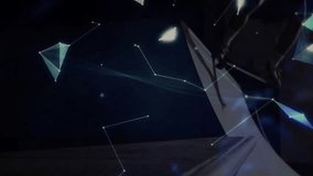 man on platform, projecting technology globe with network lines and light flares. Digital, global, futuristic, neon, cyber, connectivity, high-tech - Powered by Shutterstock - Get 15% off with code: PIKWIZARD15