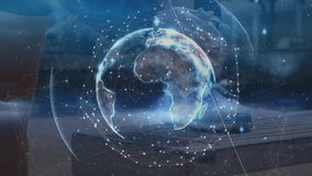 Female technician adjusting network cable on laptop, projecting holographic globe with data nodes. Technology, innovation, cyberspace, connectivity, futuristic, digital, data - Powered by Shutterstock - Get 15% off with code: PIKWIZARD15