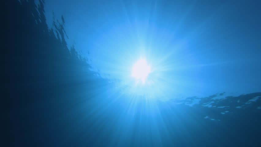Blue Sea Sunshine Underwater. Tropical blue water. Sea waves. Blue water background. Surface sea water. Blue turquoise sea waves.