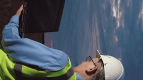 electrical engineer working digital computer laptop sunset, man helmet, energy sector technology, power line technician, electrician work tablet, electric company inspector, energy sector worker - Powered by Shutterstock - Get 15% off with code: PIKWIZARD15