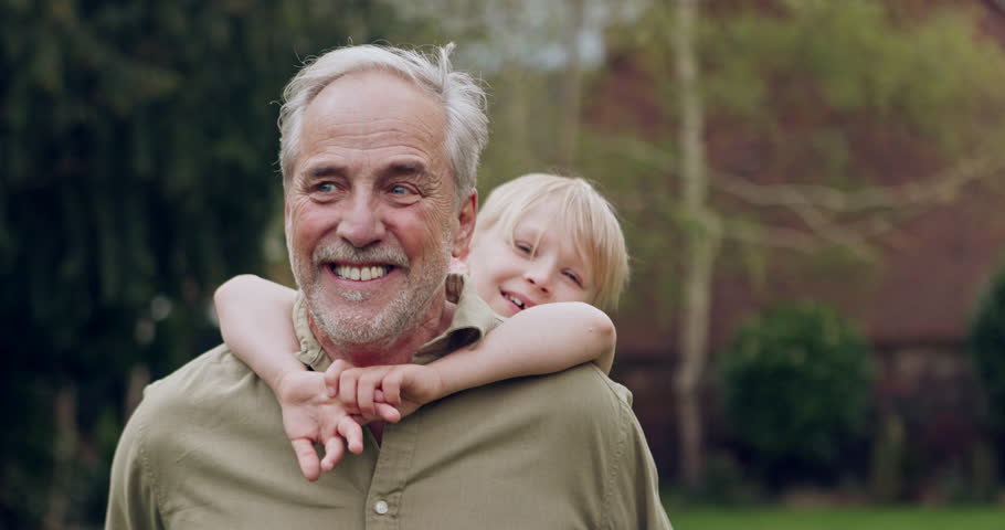 Happy face, grandfather walking and child piggyback ride for fun, relax outdoor walk and spending time together with family man. Backyard, garden or kid love, happiness and bond with elderly grandpa