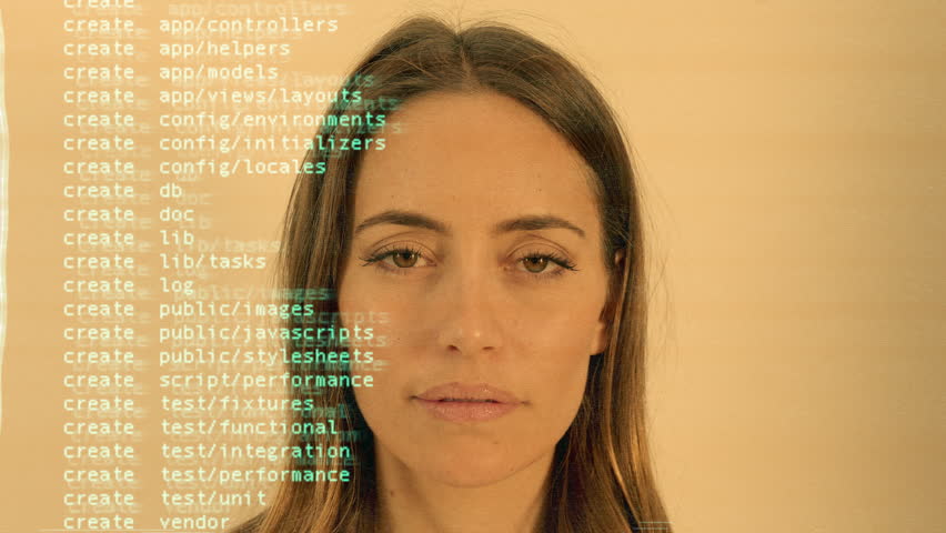 Female face for security or scan with heavy glitch overlayed