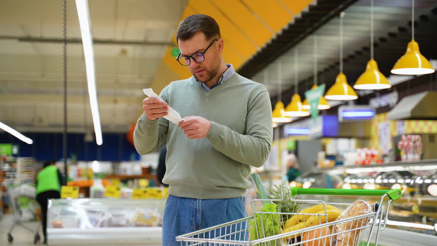 Shocked man reacting to high grocery bill in supermarket - Powered by Shutterstock - Get 15% off with code: PIKWIZARD15