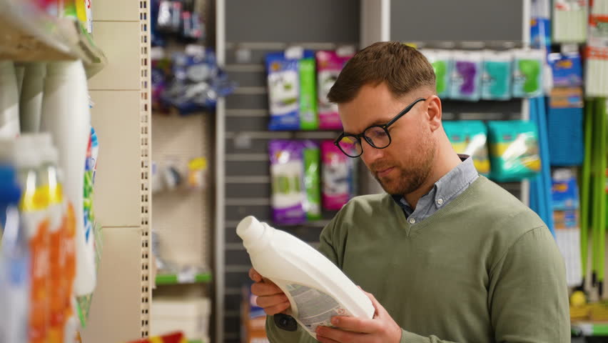 Man reading detergent label while shopping in supermarket