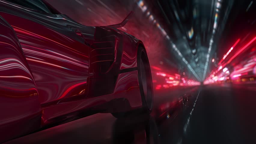 Close-up of the rear wheel of a red sports car speeding along a neon highway. Power acceleration on a night track with colorful lights and lines. Concept of velocity and technology. 3d animation