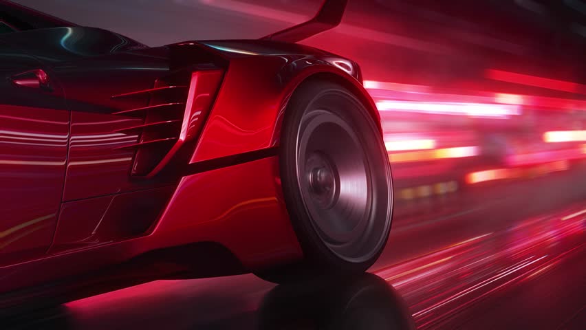 Close-up of the rear wheel of a red sports car speeding along a neon highway. Power acceleration on a night track with colorful lights and lines. Concept of velocity and technology. 3d animation