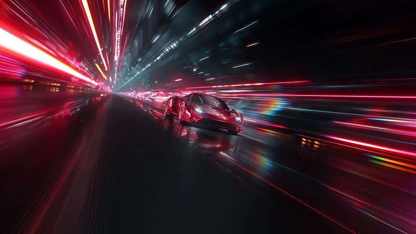 Sleek red sports car racing at high speed on neon highway. Power acceleration on a night track with colorful lights. Futuristic digital background. Concept of velocity and technology. 3d animation