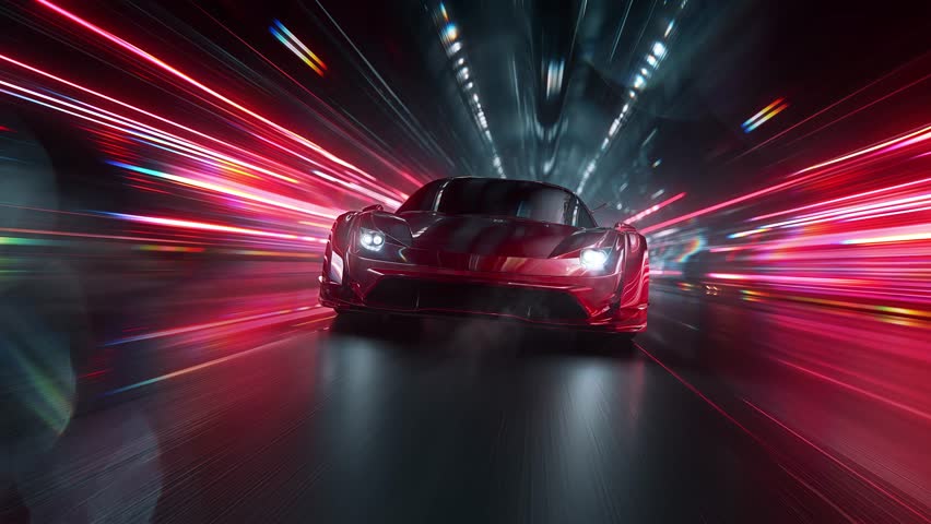 Sleek red sports car racing at high speed on neon highway. Power acceleration on a night track with colorful lights. Futuristic digital background. Concept of velocity and technology. 3d animation