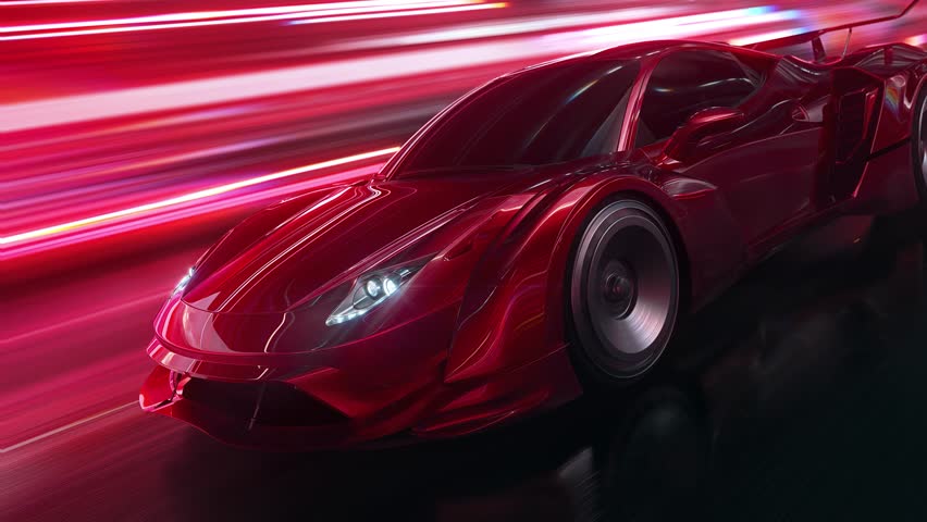 Sleek red sports car racing at high speed on neon highway. Power acceleration on a night track with colorful lights. Futuristic digital background. Concept of velocity and technology. 3d animation