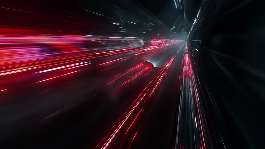 Rear view of a red sports car racing at high speed on neon highway. Power acceleration on a night track with colorful lights. Futuristic digital background. 3d concept of velocity and technology.