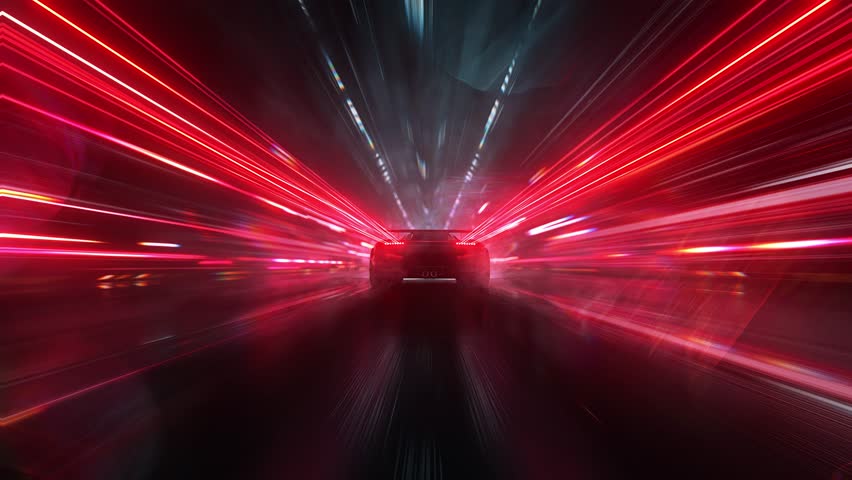 Rear view of a red sports car racing at high speed on neon highway. Power acceleration on a night track with colorful lights. Futuristic digital background. 3d concept of velocity and technology.