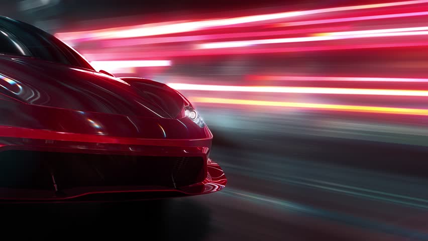 Close-up of the headlights of a red sports car racing at high speed on neon highway. Power acceleration on a night track with colorful lights and lines. Concept of velocity and technology. 3d render