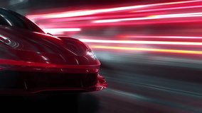 Close-up of the headlights of a red sports car racing at high speed on neon highway. Power acceleration on a night track with colorful lights and lines. Concept of velocity and technology. 3d render - Powered by Shutterstock - Get 15% off with code: PIKWIZARD15