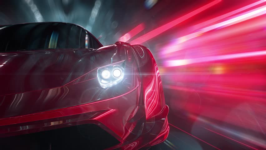 Close-up of the headlights of a red sports car racing at high speed on neon highway. Power acceleration on a night track with colorful lights and lines. Concept of velocity and technology. 3d render