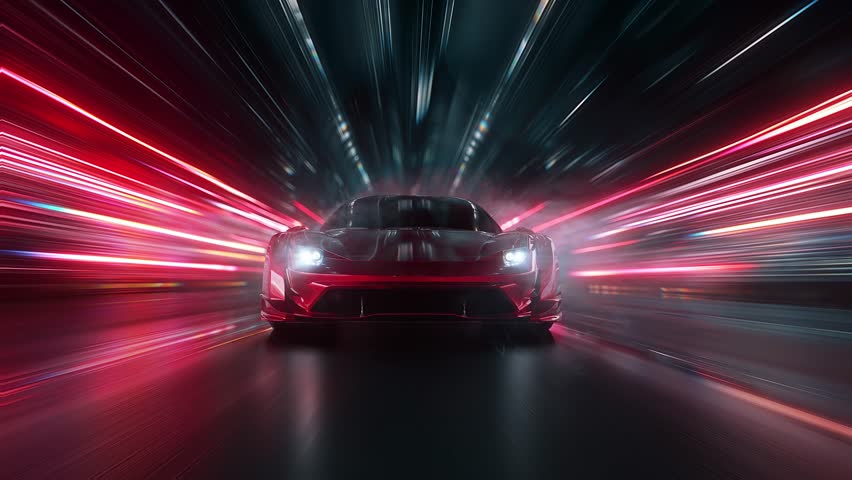 Sleek red sports car racing at high speed on neon highway. Power acceleration on a night track with colorful lights. Futuristic digital background. Concept of velocity and technology. 3d animation
