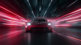 Sleek red sports car racing at high speed on neon highway. Power acceleration on a night track with colorful lights. Futuristic digital background. Concept of velocity and technology. 3d animation - Powered by Shutterstock - Get 15% off with code: PIKWIZARD15