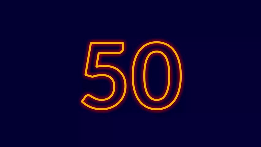 50 second countdown timer in glowing orange neon numbers suitable for presentation, website banners, social media posts, openers, sports videos, tech events, and modern digital content
