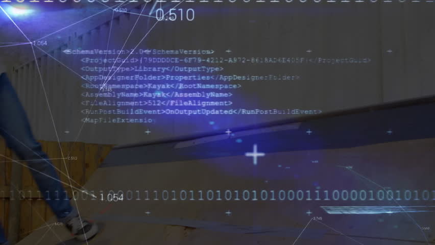 Skateboarder performing grinding trick along metal rail, featuring animated binary code overlay. Urban, motion, technology, futuristic, sport, dynamic, digital