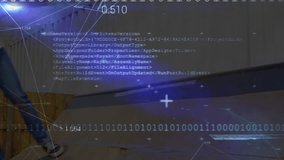 Skateboarder performing grinding trick along metal rail, featuring animated binary code overlay. Urban, motion, technology, futuristic, sport, dynamic, digital - Powered by Shutterstock - Get 15% off with code: PIKWIZARD15