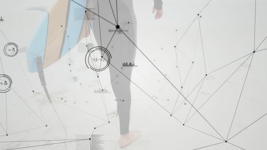 Surfer body featuring digital node overlay while holding pastel surfboard on sand. Beach, technology, landscape, modern, outdoor, connectivity, leisure - Powered by Shutterstock - Get 15% off with code: PIKWIZARD15