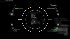 3D wireframe city model scanning beneath rotating HUD reticle, featuring floating code streams. Futuristic, technology, cyberpunk, digital, interface, visualization, simulation - Powered by Shutterstock - Get 15% off with code: PIKWIZARD15
