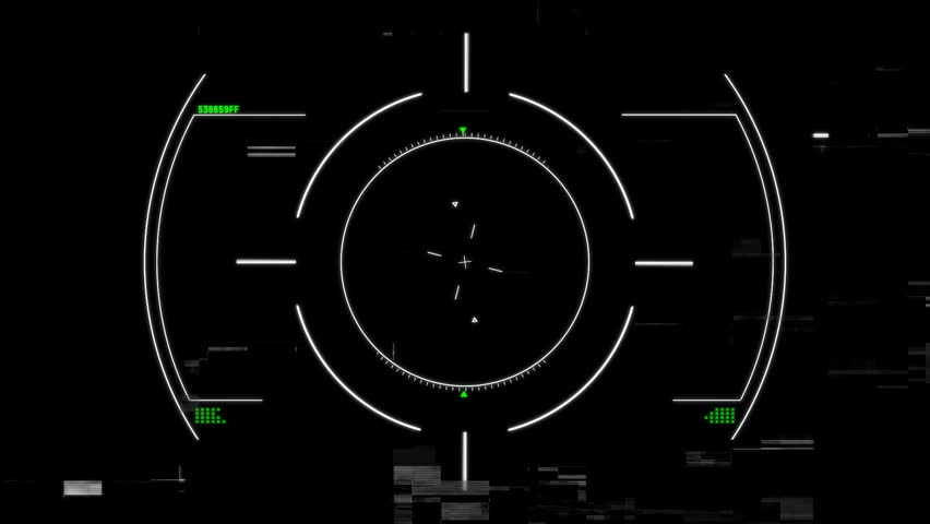 Wireframe city model rotating under circular HUD overlay, showing green pointers and glitch bars. Futuristic, cyber, technology, digital, virtual, high-tech, interface