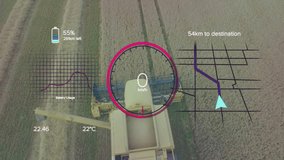 AR overlay dashboard being displayed over aerial wheat field, showing speedometer, battery, map. Agrarian, technology, innovation, machinery, agriculture, data visualization, precision farming - Powered by Shutterstock - Get 15% off with code: PIKWIZARD15