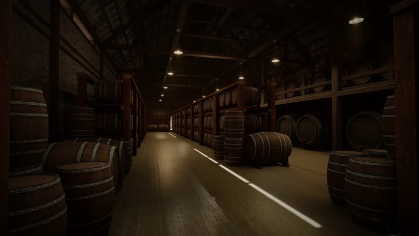 Wine Barrel Storage In The Wine Vault. Barrels Of Cognac, Wine Or Whiskey. Wooden Oak Wine Barrels. Alcohol Warehouse