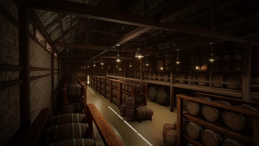 Wine Barrel Storage In The Wine Vault. Barrels Of Cognac, Wine Or Whiskey. Wooden Oak Wine Barrels. Alcohol Warehouse