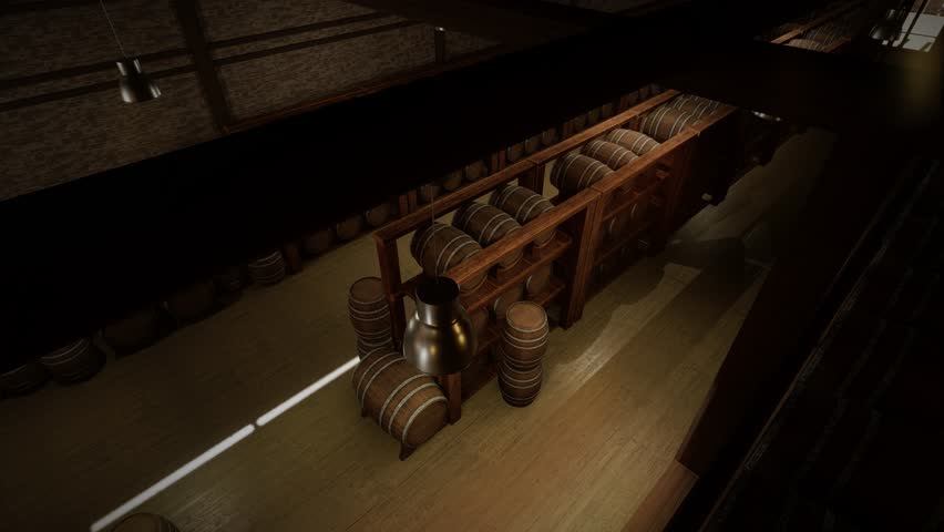 Wine Barrel Storage In The Wine Vault. Barrels Of Cognac, Wine Or Whiskey. Wooden Oak Wine Barrels. Alcohol Warehouse