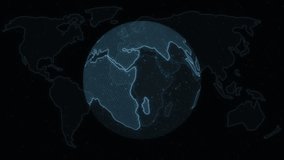 Glowing 3D globe spinning over dark data map displaying wind turbine recycling nuclear hazard icons. Futuristic, digital, global, technology, energy, sustainability, data visualization - Powered by Shutterstock - Get 15% off with code: PIKWIZARD15