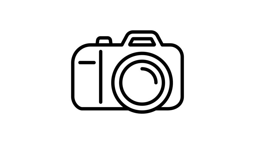 Animated black and white outline of a vintage camera